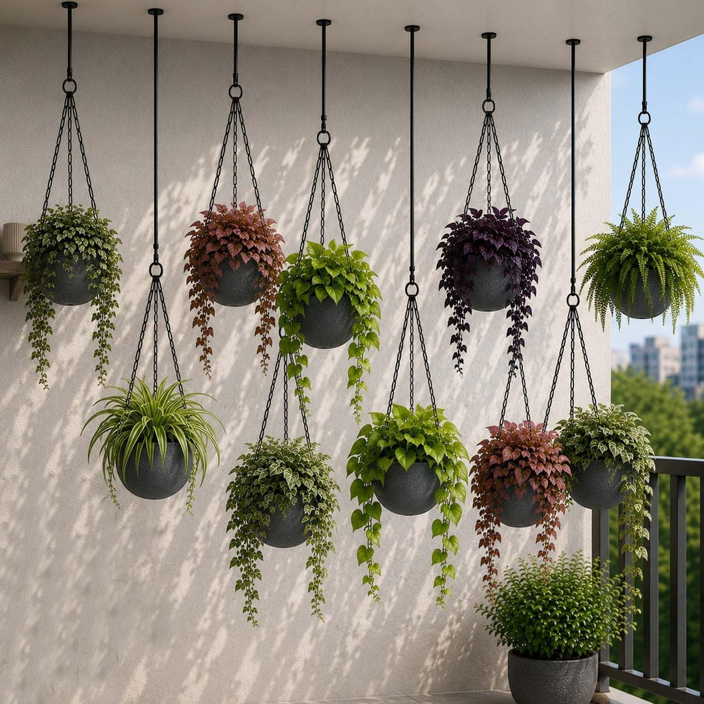 GoHooked Set of 3 multicolor plastic round hanging planters with chains, 7.1 inch diameter, for indoor/outdoor use.
