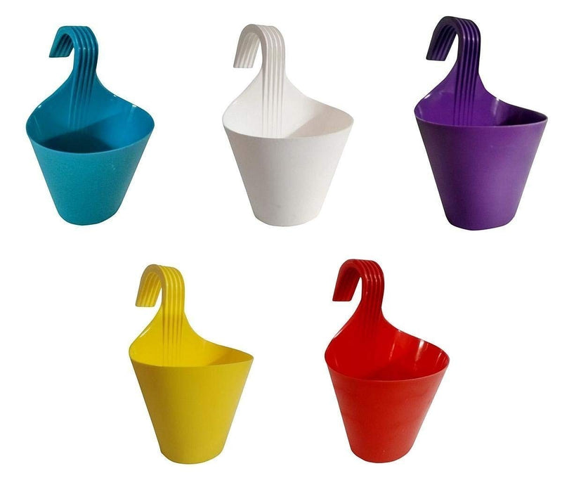 GoHooked set of 5 multicolor plastic hanging planters for railings, balconies, and windows. Ideal for flowers, herbs, and succulents.
