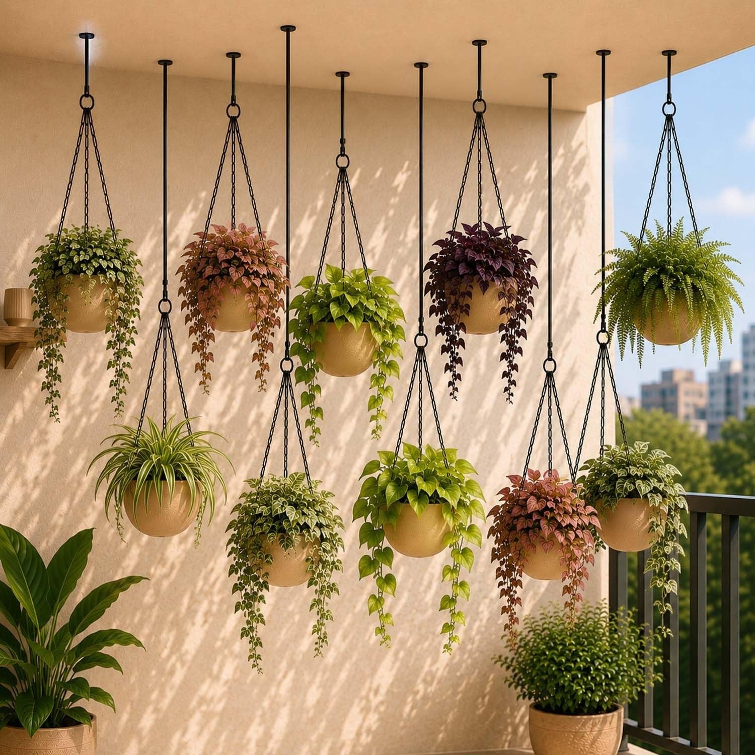 GoHooked multicolor rattan-style hanging planters with chains, set of 5, 7.1 inch diameter, UV-stabilized plastic.
