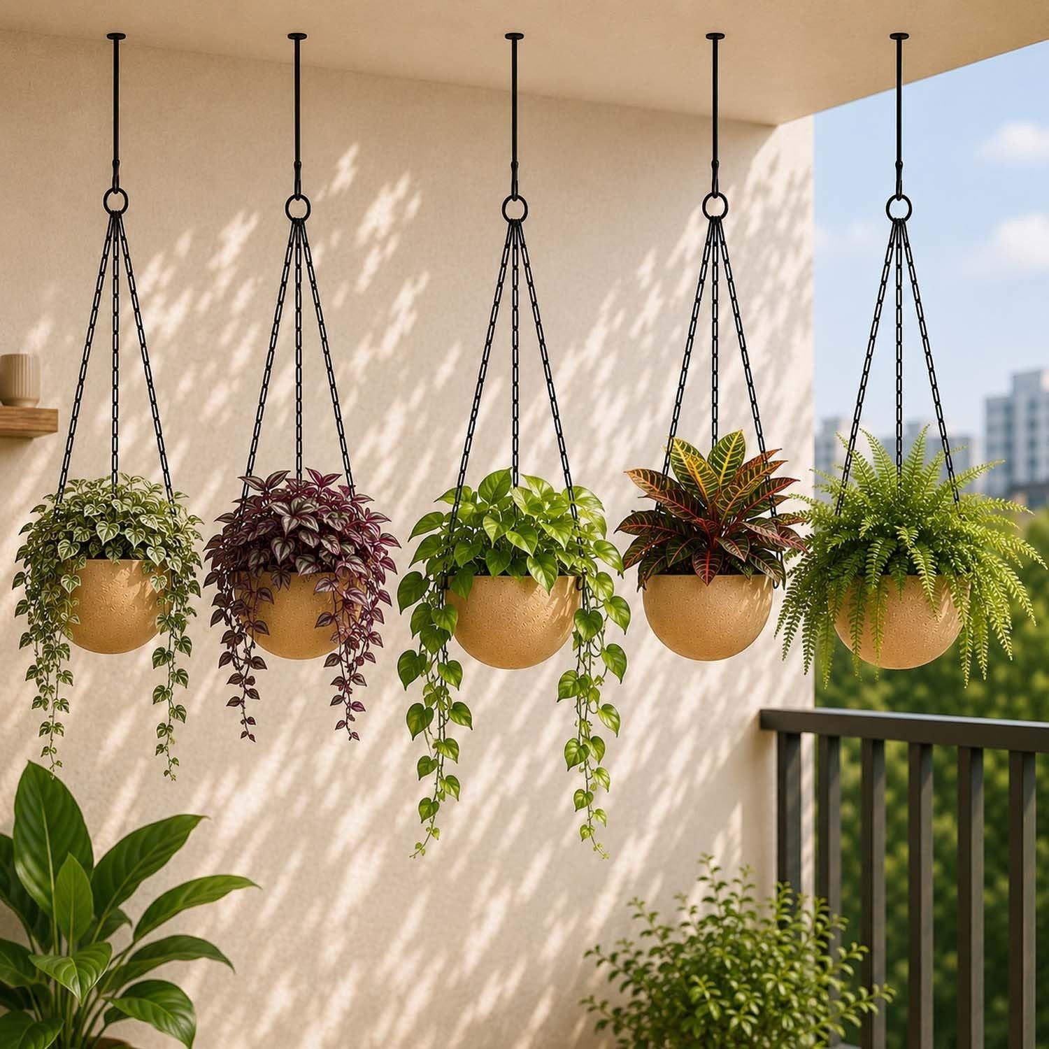 GoHooked set of 5 multicolor rattan-style hanging planters with chains, 7.1 inch diameter, UV-stabilized plastic.