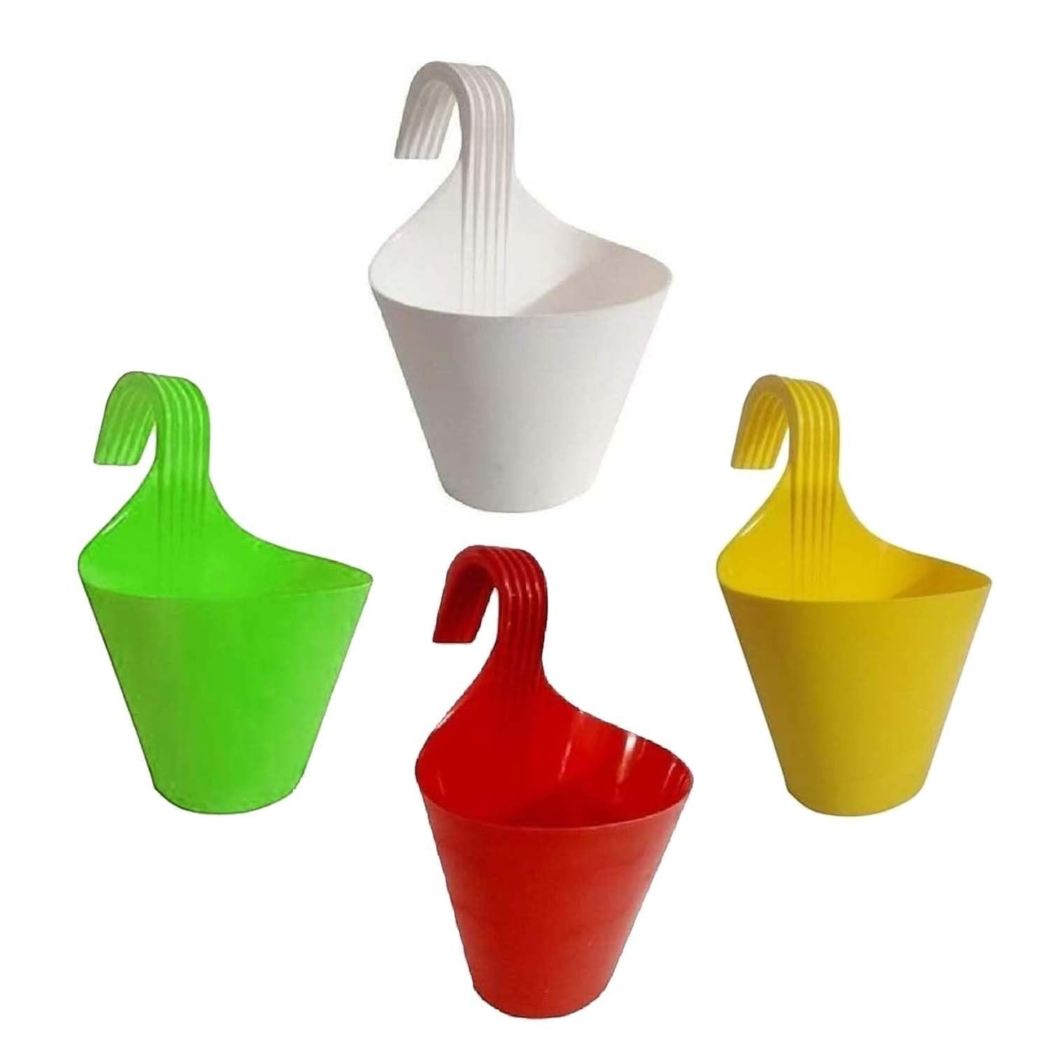 GoHooked multicolored plastic railing planters, set of 4, for balcony and home gardening.