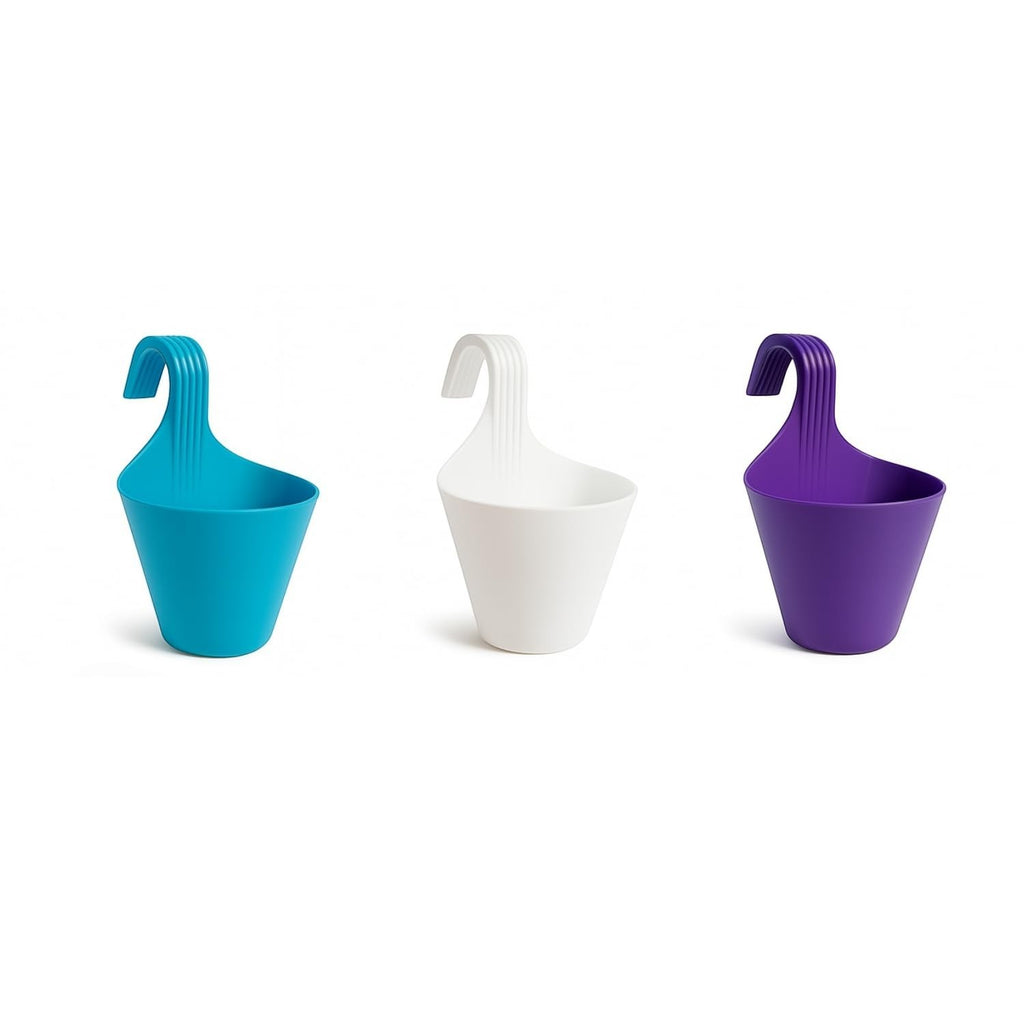 GoHooked set of 3 multicolour virgin plastic hanging planters with hooks. Lightweight, rust and UV resistant.