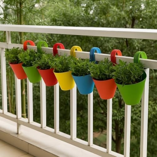GoHooked multicolour virgin plastic hanging pots with green plants, set of 5, for balcony railings.