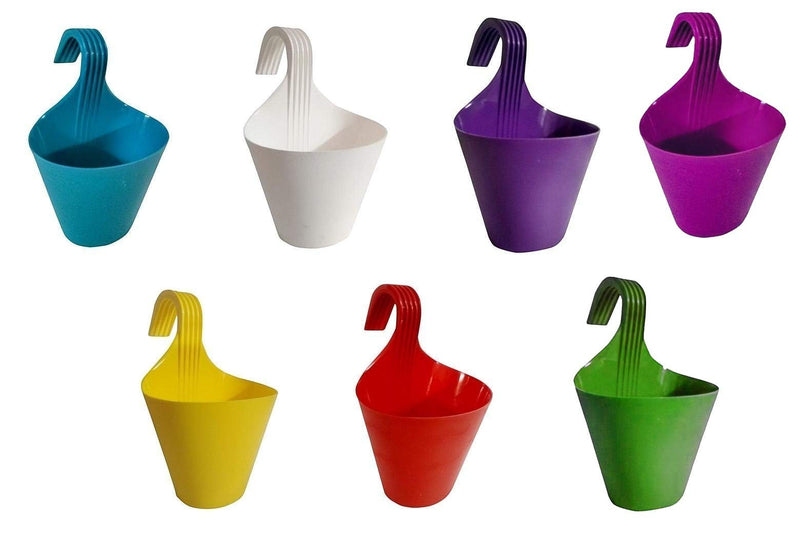 GoHooked set of 7 multicolour plastic hanging planters for railings. Ideal for small plants, herbs, and succulents.