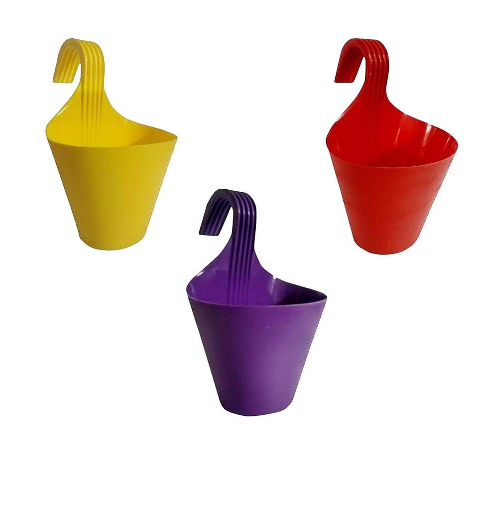 GoHooked hanging planters in yellow, red, and purple plastic. Set of 3 decorative balcony railing pots.