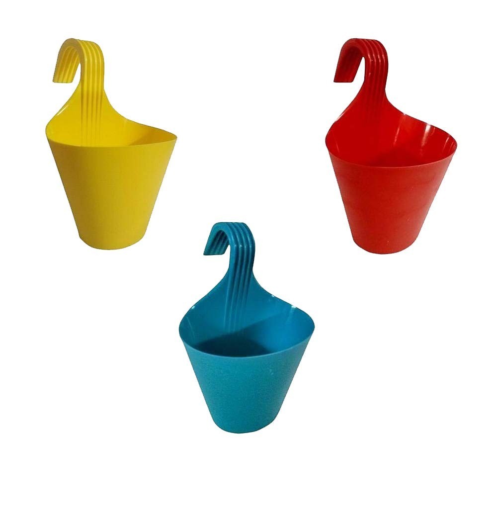 GoHooked hanging planters in yellow, red, and blue. Set of 3 plastic railing flower pots.