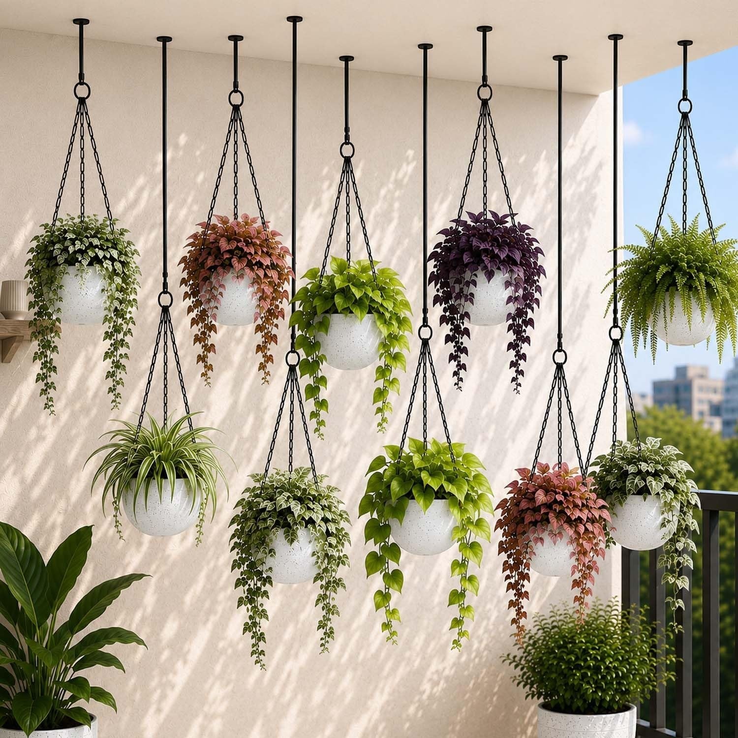 GoHooked set of 5 multicolor rattan-style hanging planters with chains, UV-stabilized plastic, 7.1 inch diameter.