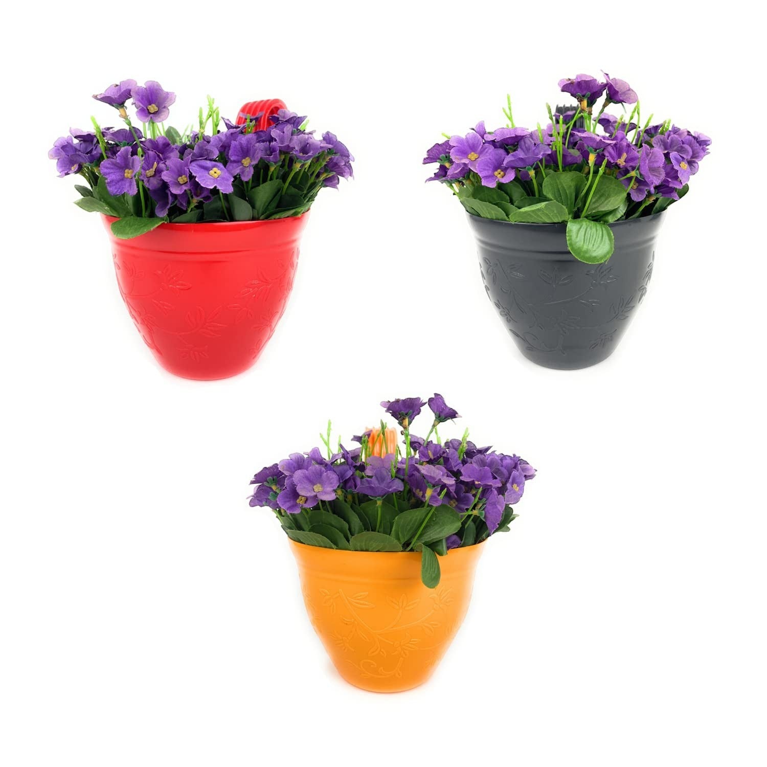 GoHooked set of 3 multicolor plastic hanging planters with purple flowers, ideal for balcony gardening.