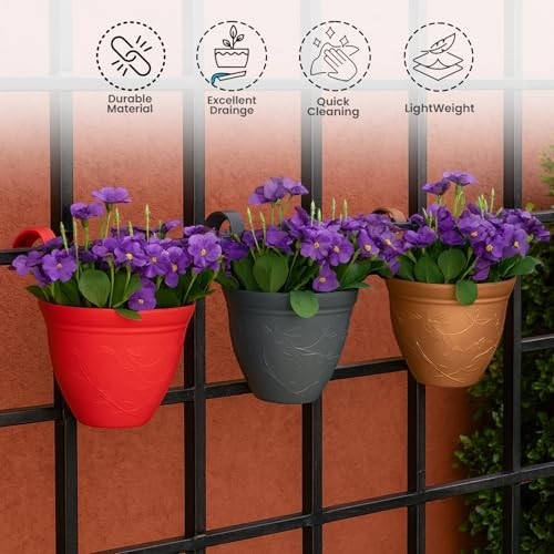 GoHooked multicolor unbreakable plastic hanging planters with purple flowers on a railing. Set of 4.