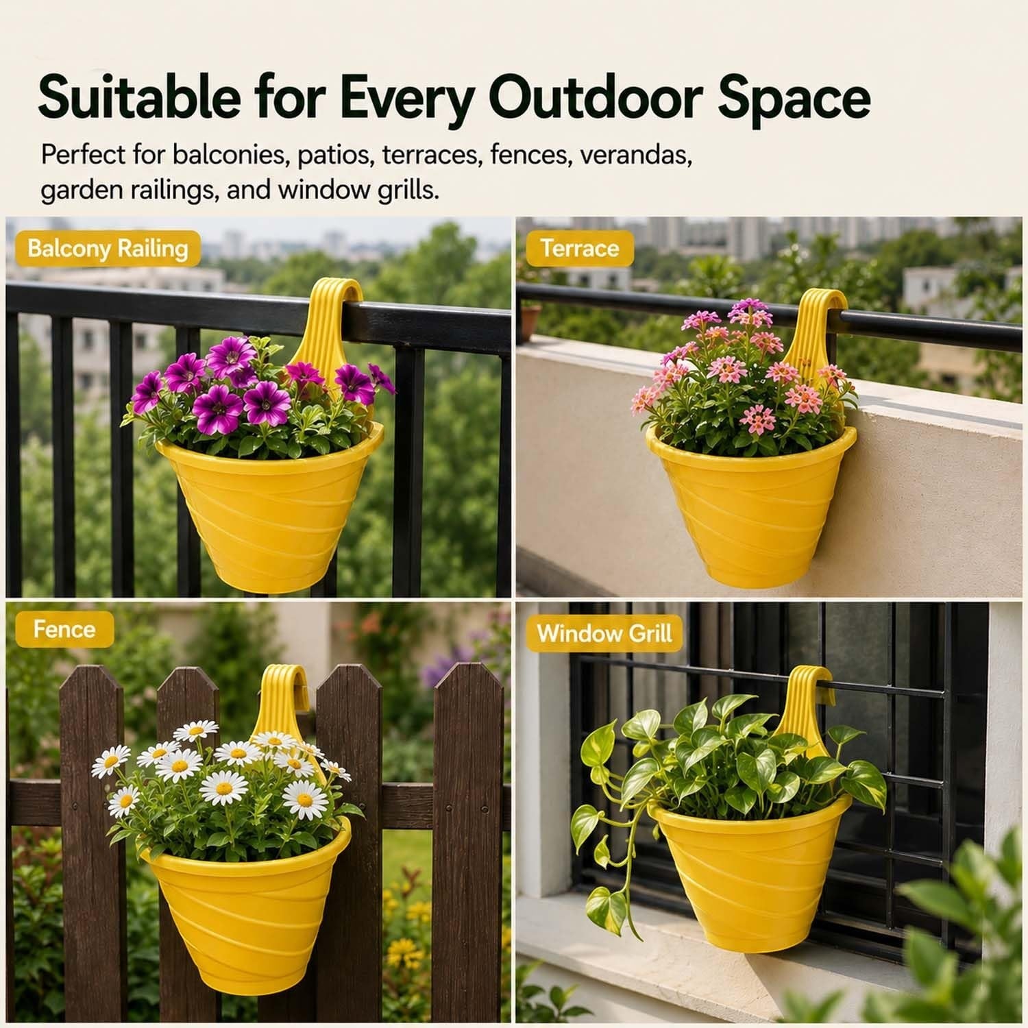 GoHooked multicolor plastic hanging railing planters with twister design displayed on various outdoor fences and grills