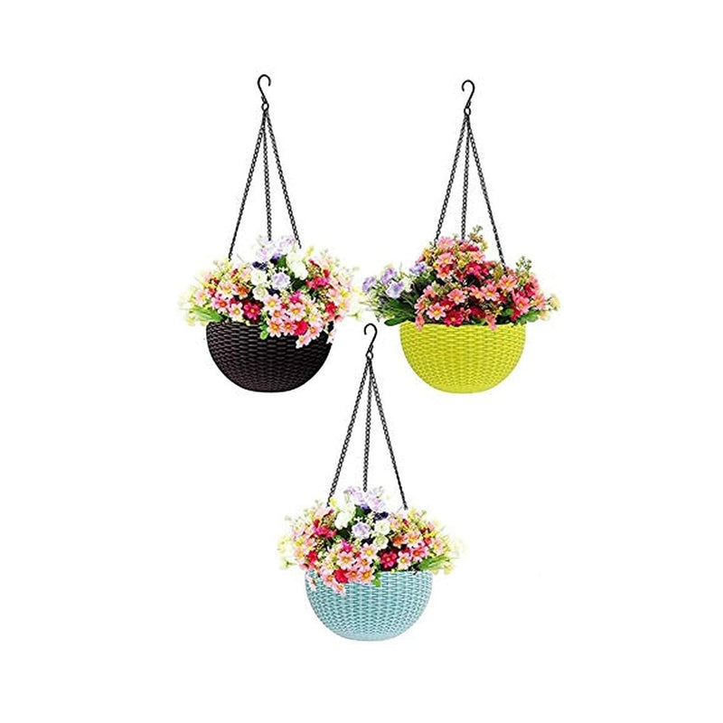 GoHooked multicolor plastic hanging rattan planters with chains, set of 3. Woven texture, ideal for indoor/outdoor use.
