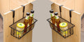 GoHooked black metal hanging storage basket with jars and bottles, over cabinet door organiser.