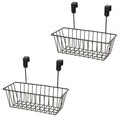GoHooked black metal hanging storage baskets, pack of 2, for cabinet doors. Ideal for kitchen or bathroom organization.