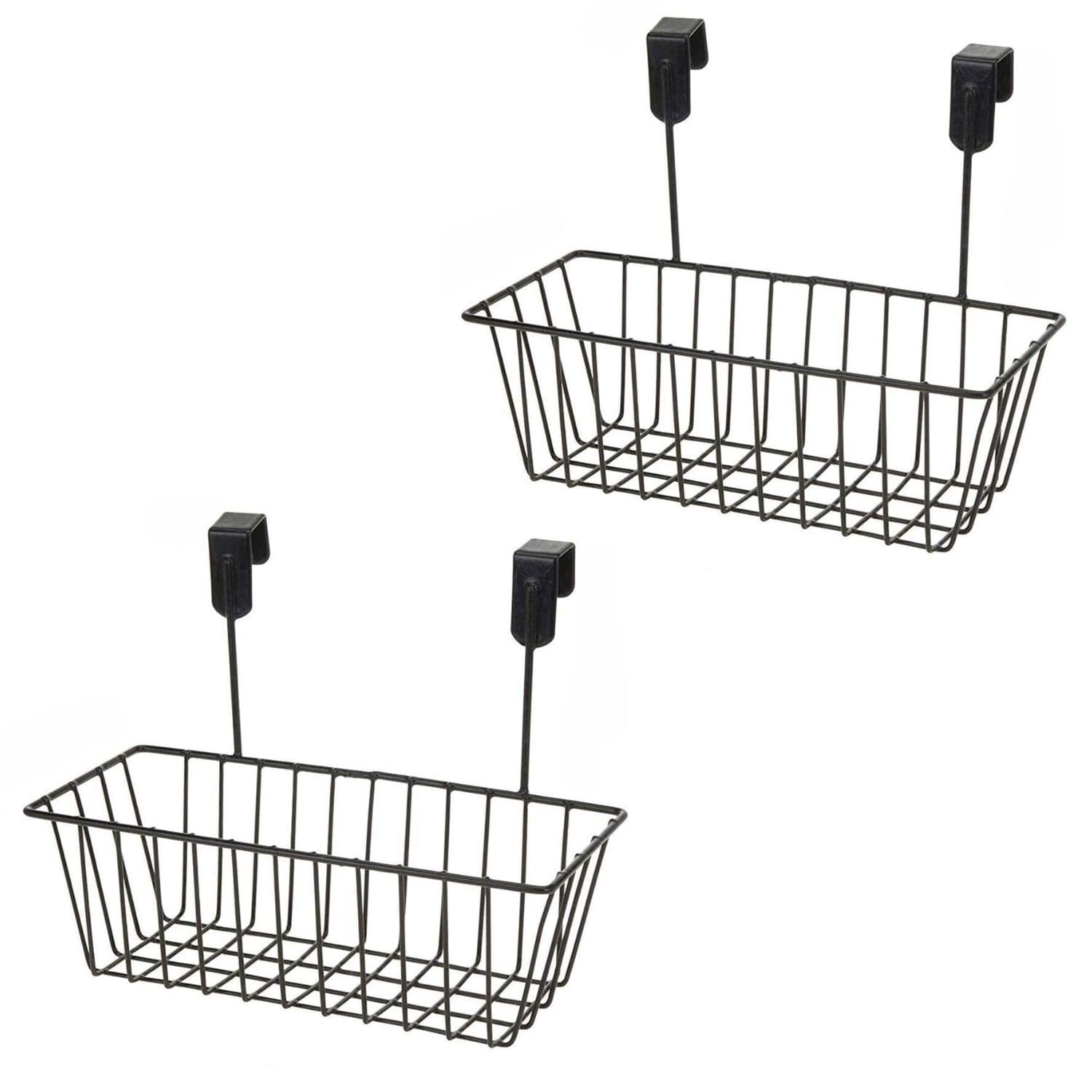 GoHooked black metal hanging storage baskets, pack of 2, for cabinet doors. Ideal for kitchen or bathroom organization.