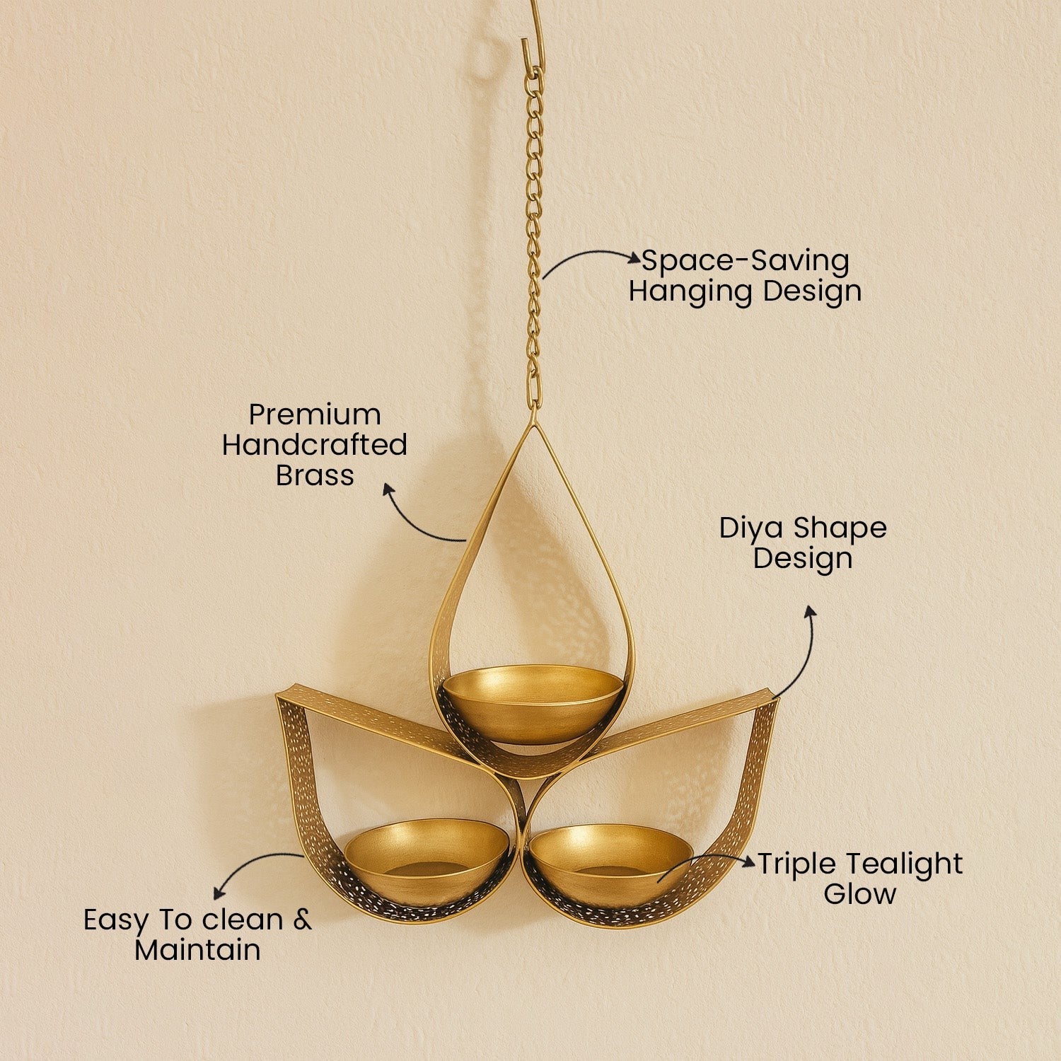 GoHooked golden brass hanging tealight candle holder with 3 cups in a tear drop design, perfect for ambient lighting.