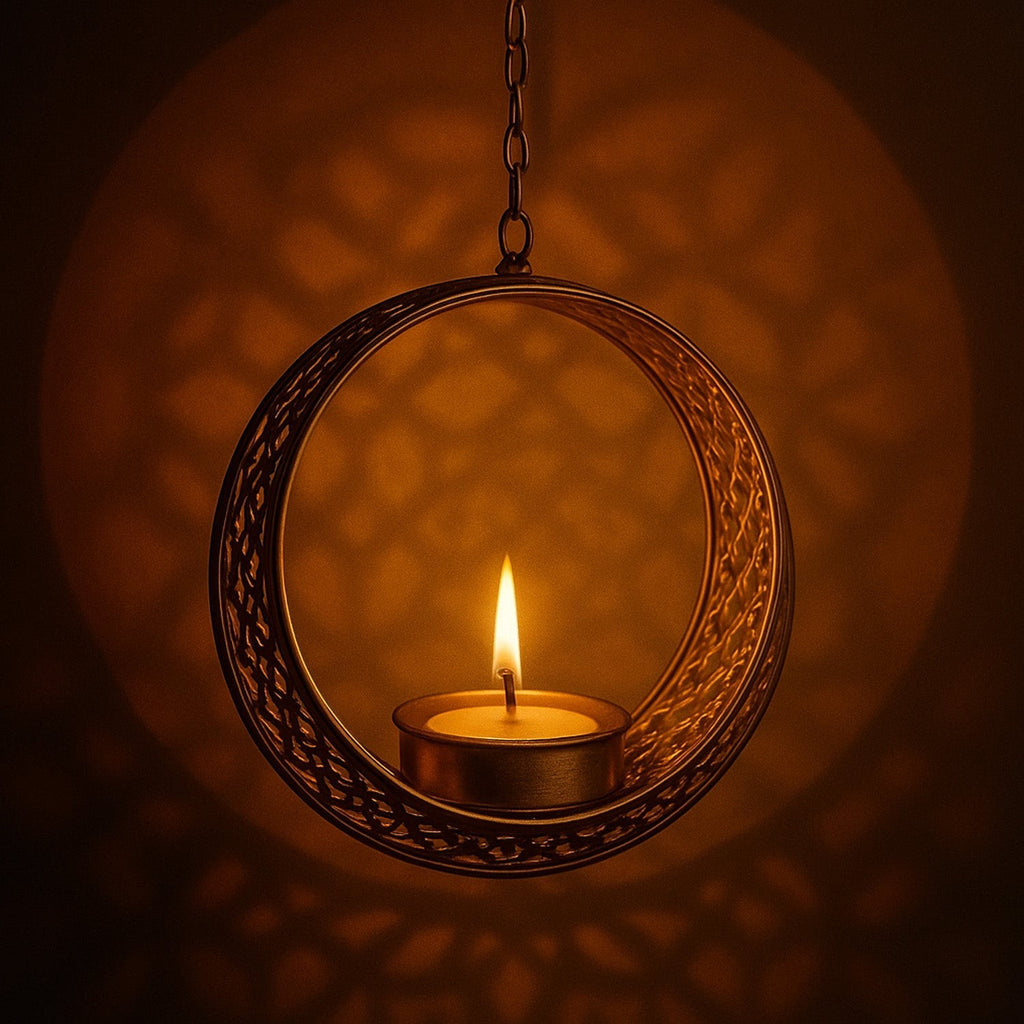 GoHooked matte gold metal round hanging tealight candle holder with floral cut design and chain.