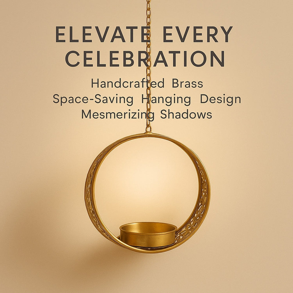 GoHooked matte gold metal hanging tealight candle holder with floral cut design and chain. 13cm round.