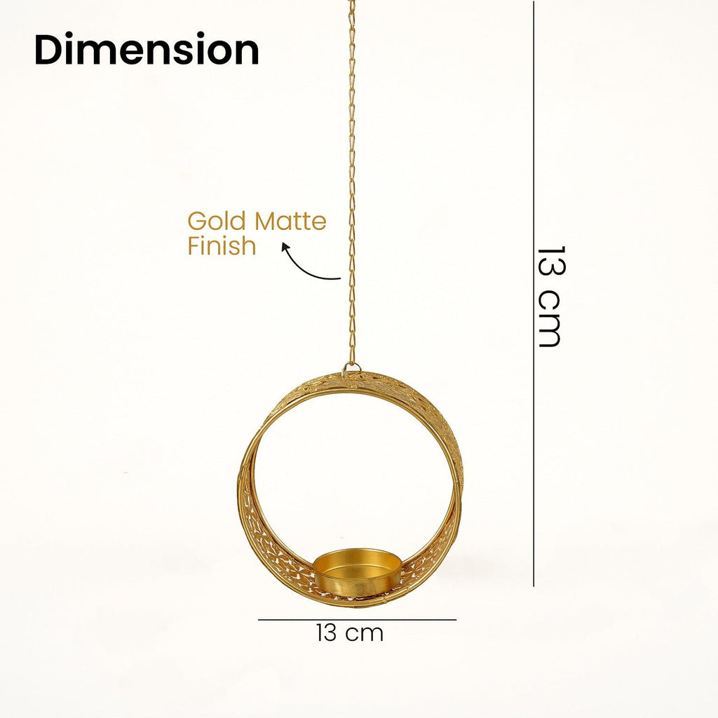 GoHooked matte gold metal hanging tealight candle holder with floral cut design and chain