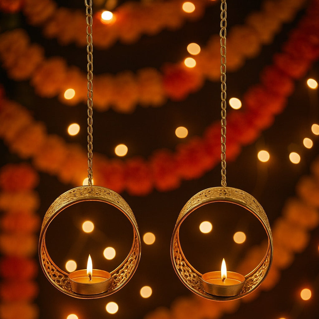 GoHooked matte gold metal round hanging tealight candle holder with floral cut design and chain