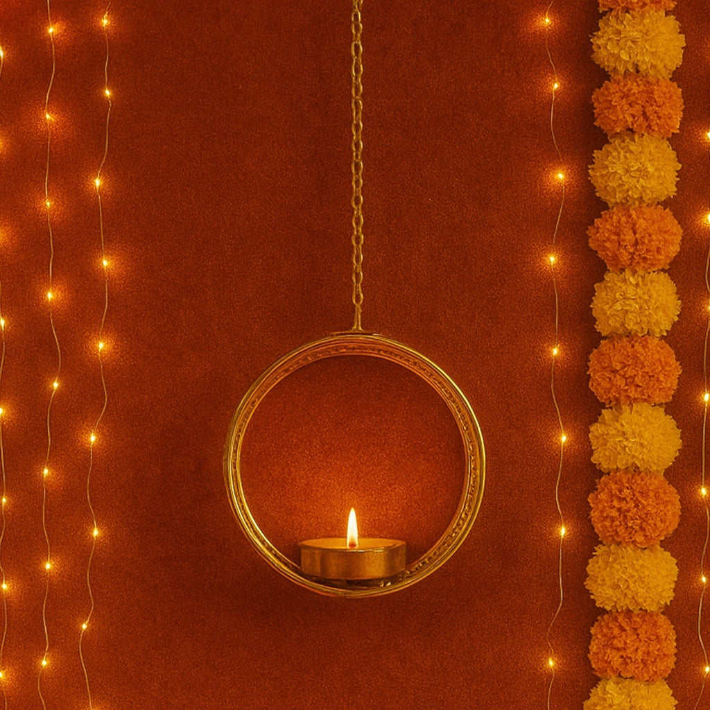 GoHooked matte gold metal round hanging tealight candle holder with floral cut design and chain