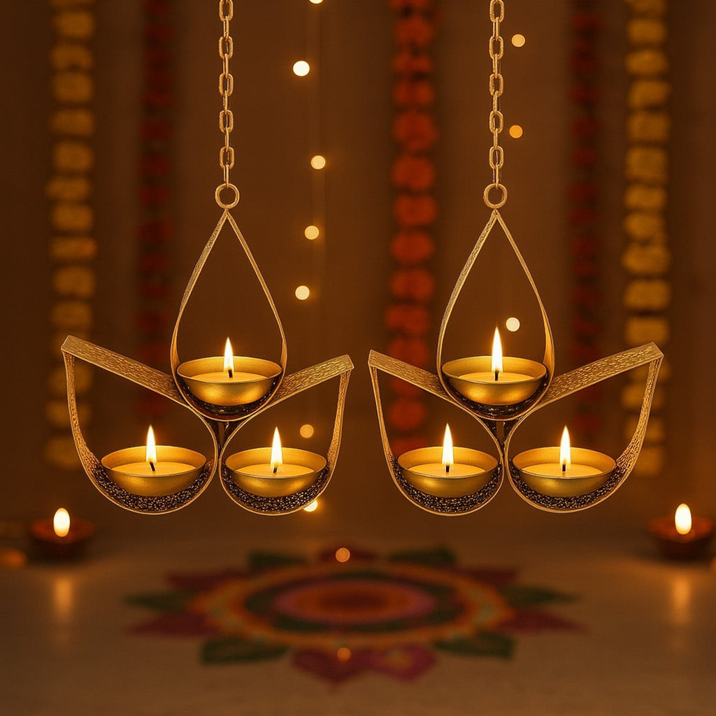 GoHooked golden metal hanging tealight candle holder with 3 trays, tear drop design, includes chain. Perfect for ambient lighting.