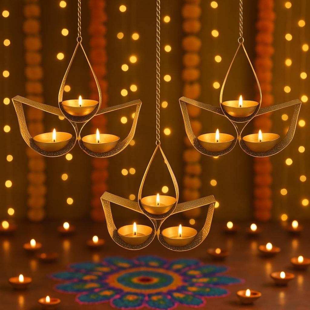 Go Hooked matte gold metal hanging tealight candle holder with 3 tear drop trays, set of 3