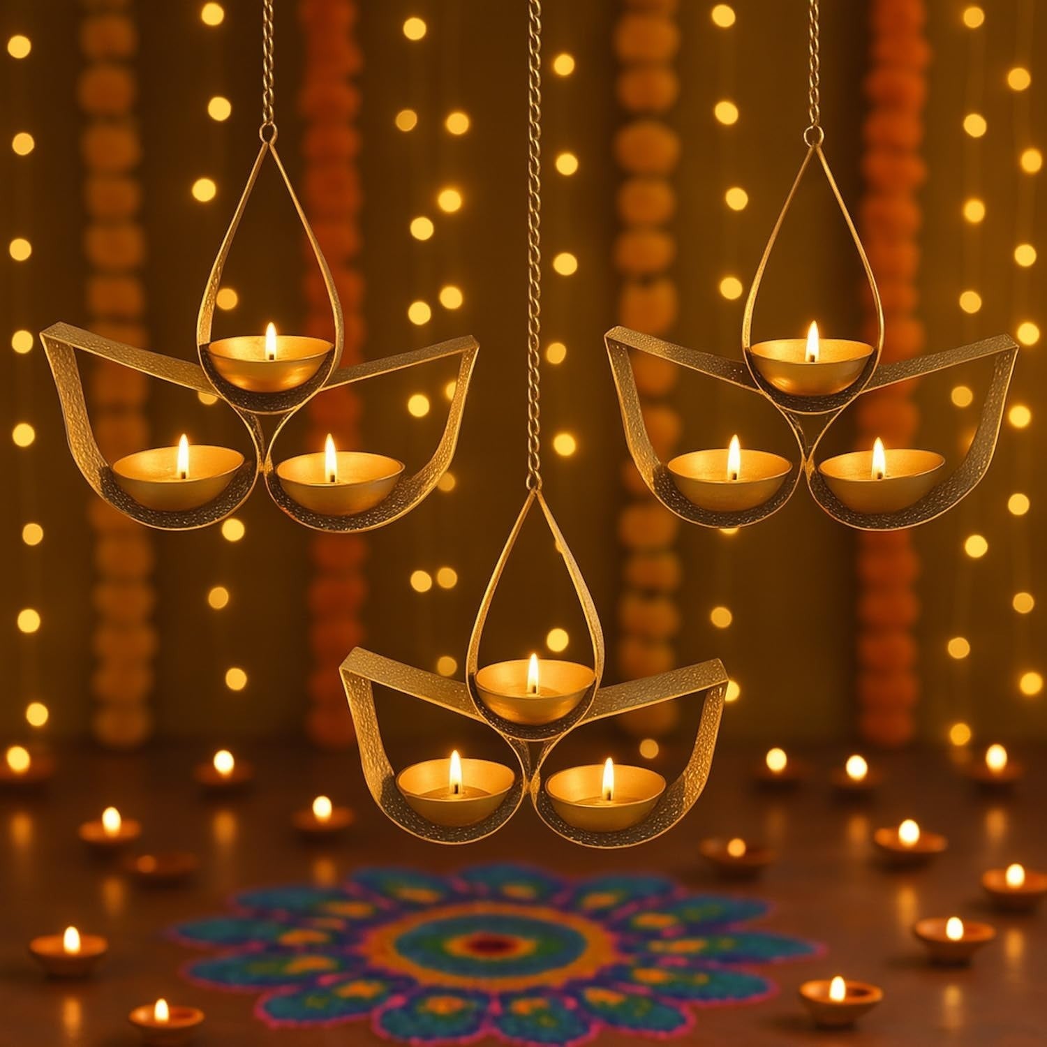 Go Hooked matte gold metal hanging tealight candle holder with 3 tear drop trays, set of 3