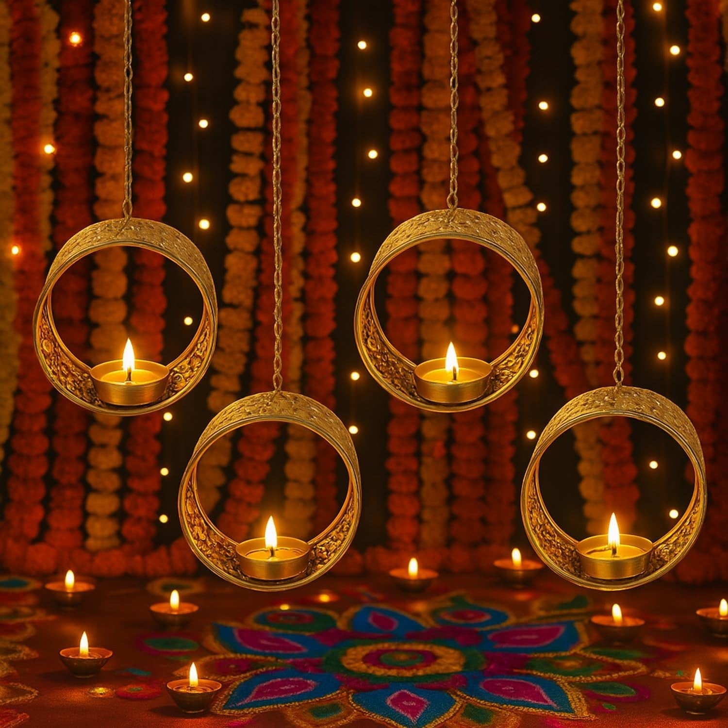 Set of 4 GoHooked matte gold metal hanging tealight candle holders with floral cut design and chains.