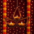 GoHooked matte gold metal hanging tealight candle holder with 3 tear drop trays and chain, perforated design