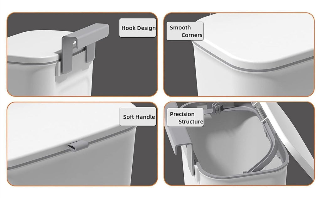 GoHooked white plastic hanging trash bin with lid, hook design, smooth corners, soft handle, and precision structure.