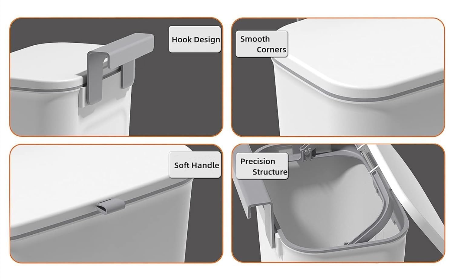 GoHooked white plastic hanging trash bin with lid, hook design, smooth corners, soft handle, and precision structure.