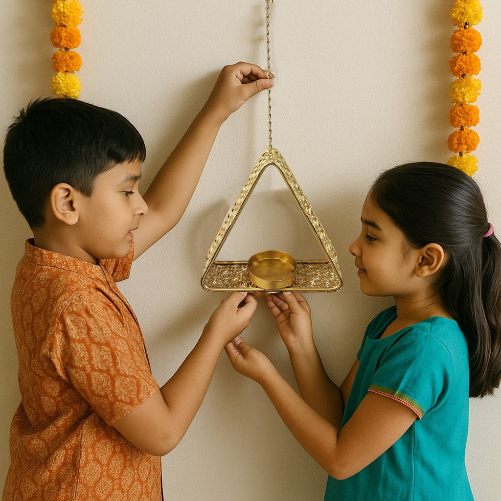 GoHooked matte gold metal hanging triangle tealight candle holder with floral cut design and chain.