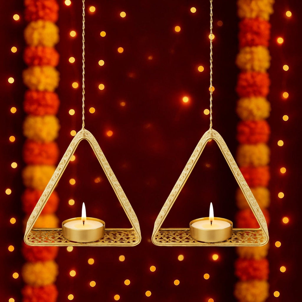 GoHooked matte gold metal hanging triangle tealight candle holders with floral cut design and chain.