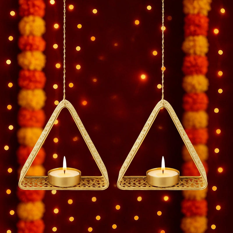 GoHooked matte gold metal hanging triangle tealight candle holders with floral cut design and chain.