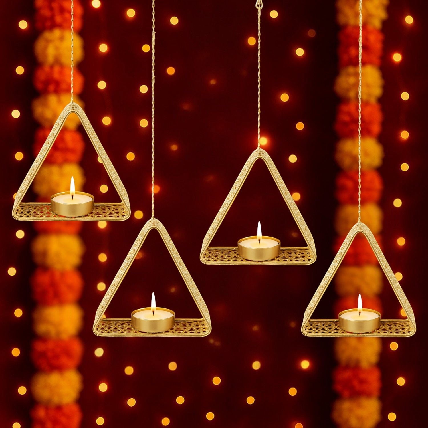 GoHooked matte gold metal hanging triangle tealight candle holders with floral cut design and chain.