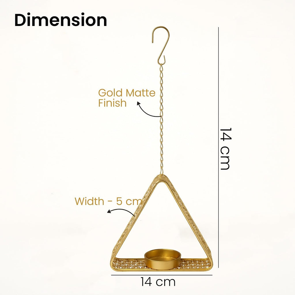 Go Hooked matte gold finish metal hanging triangle tealight candle holder with floral cut design and chain.