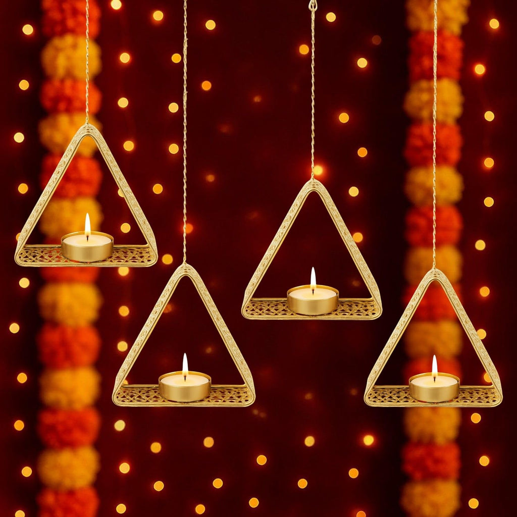 GoHooked set of 4 matte gold metal hanging triangle tealight candle holders with floral cut design and chain.