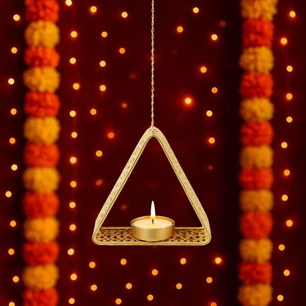 GoHooked matte gold metal hanging triangle tealight candle holder with floral cut design and chain.
