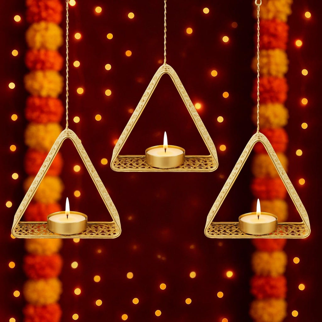 GoHooked set of 3 matte gold metal hanging triangle tealight holders with floral cut design and chains.