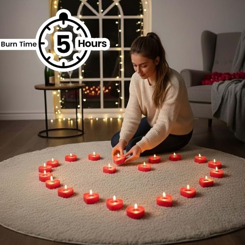 Go Hooked red heart-shaped wax candles arranged in a heart shape on a rug, with a woman placing one.