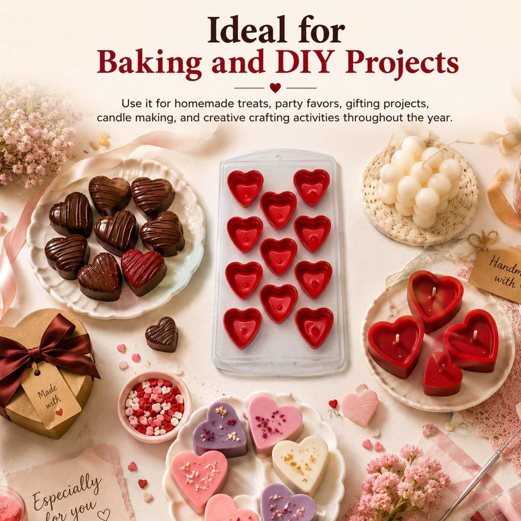GoHooked 11-cavity red silicone heart mold for chocolates, candies, and DIY baking projects on a decorated table.