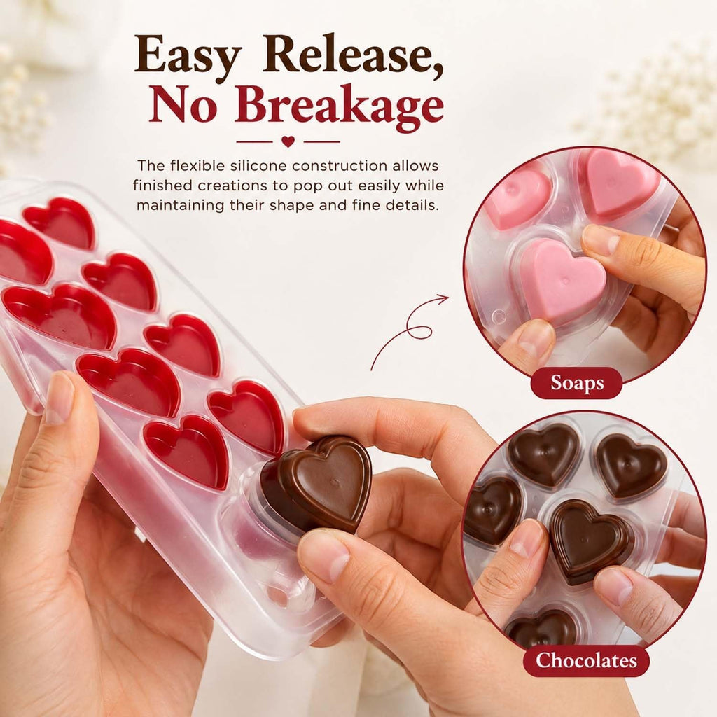 GoHooked flexible silicone heart-shaped mold showing easy release of chocolate and soap hearts for baking and crafts