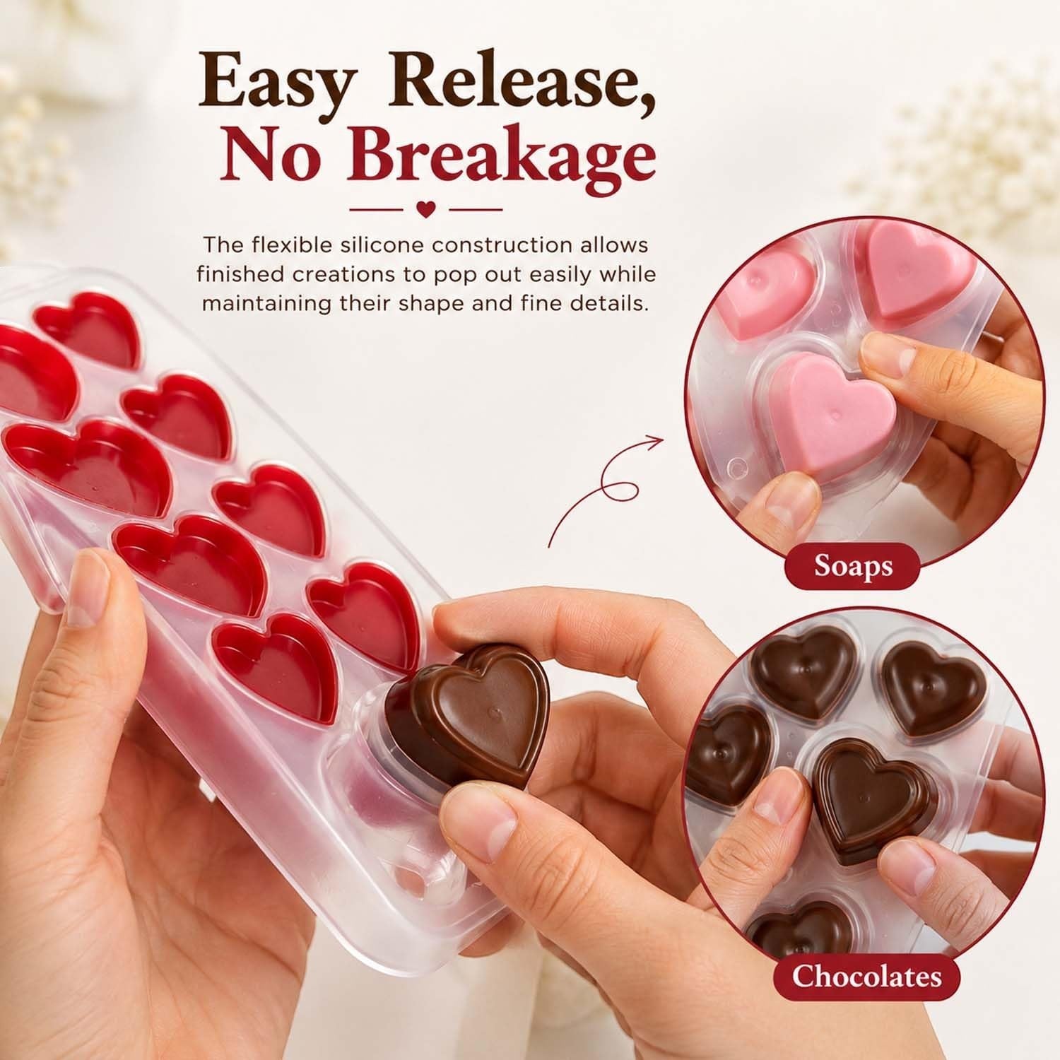 GoHooked flexible silicone heart-shaped mold showing easy release of chocolate and soap hearts for baking and crafts