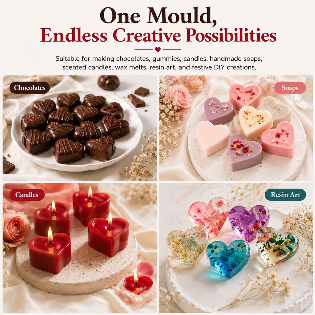 GoHooked 11-cavity heart-shaped silicone mold used for chocolates, soaps, candles, and resin art DIY crafts.