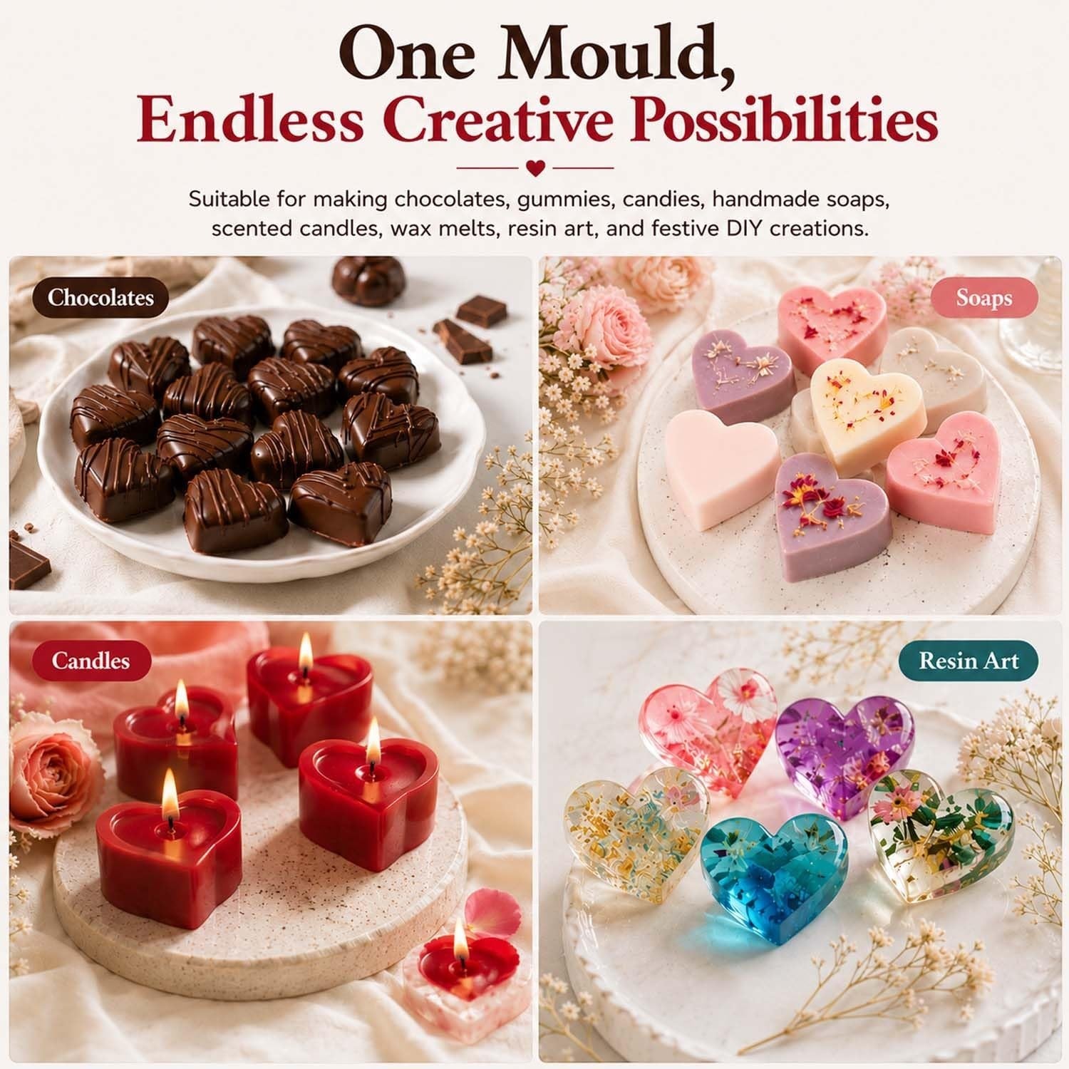 GoHooked 11-cavity heart-shaped silicone mold used for chocolates, soaps, candles, and resin art DIY crafts.