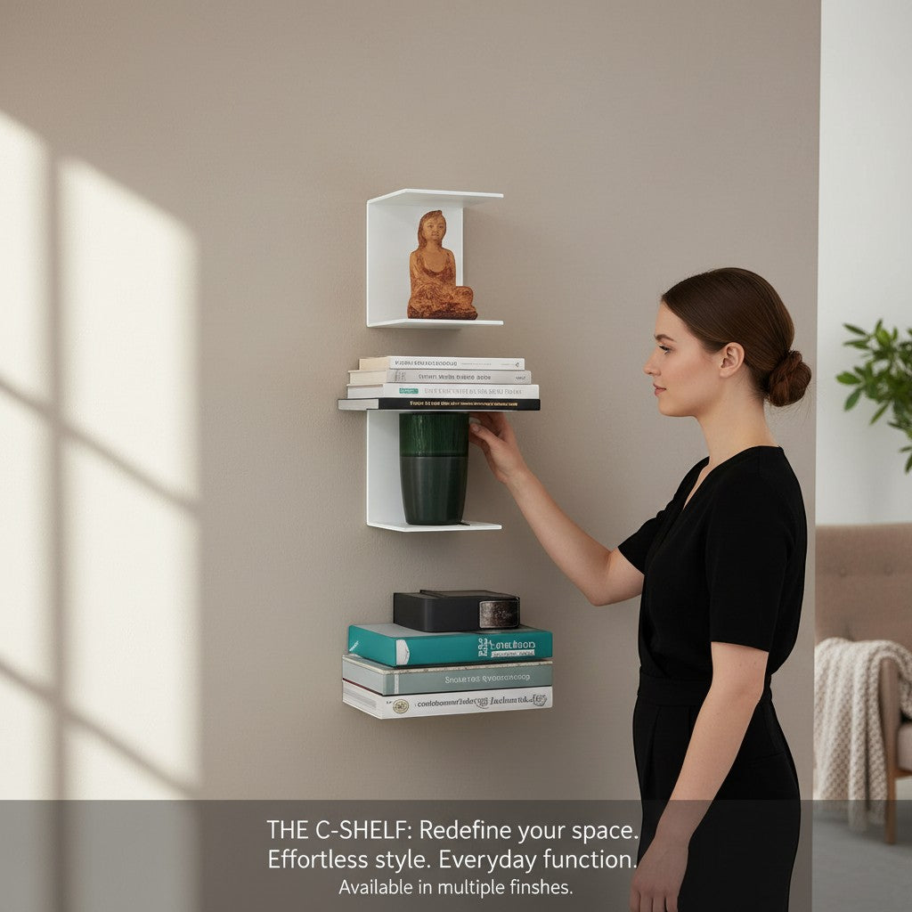 Go Hooked heavy duty black iron wall shelves, set of 3, for books and decor. Modern C-shelf design.