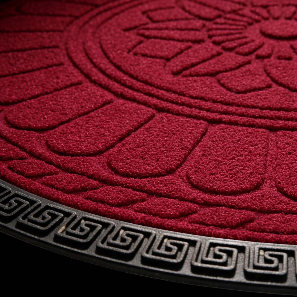 GoHooked Imperial Lotus red rubber half circle door mat with embossed floral pattern and anti-slip border.