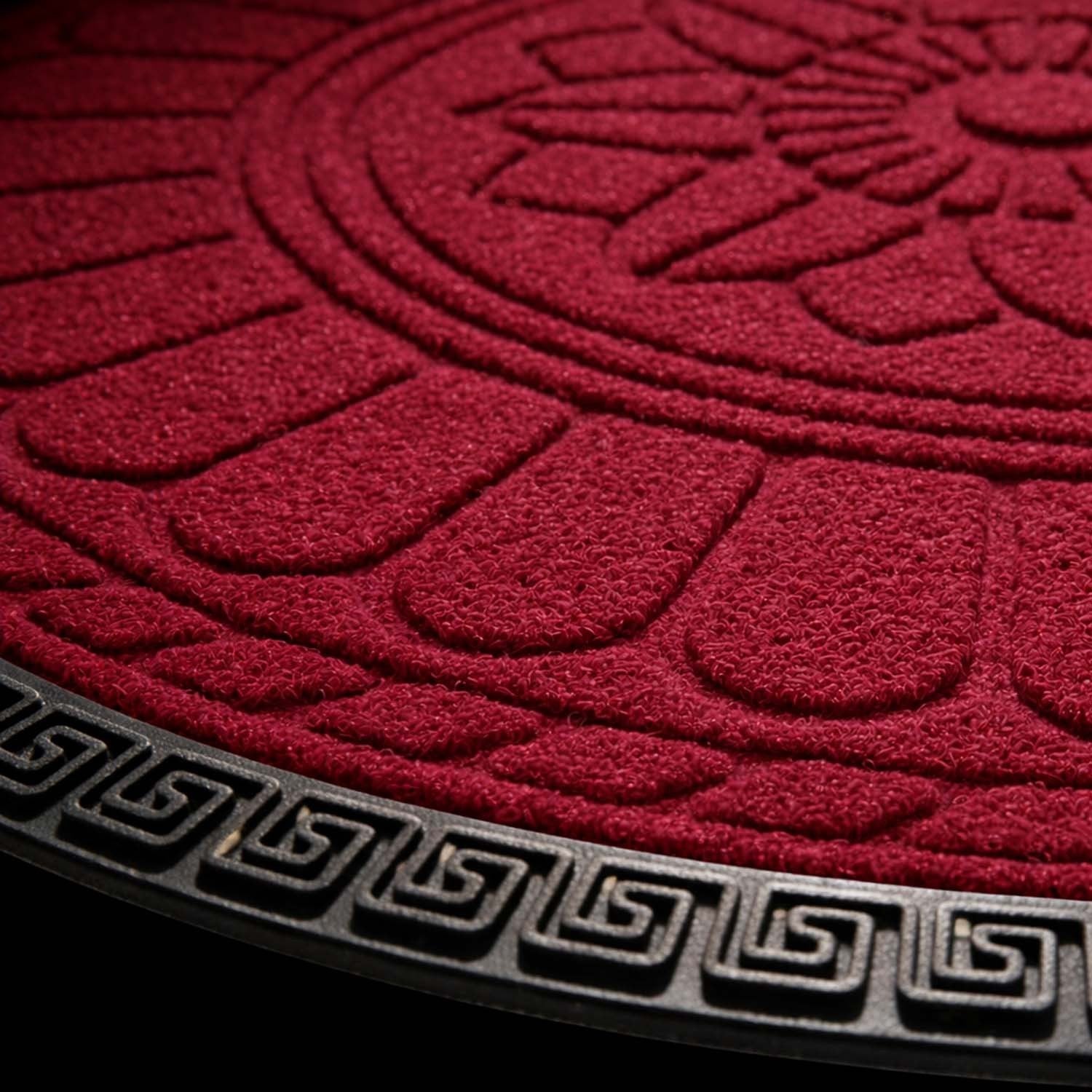 GoHooked Imperial Lotus red rubber half circle door mat with embossed floral pattern and anti-slip border.