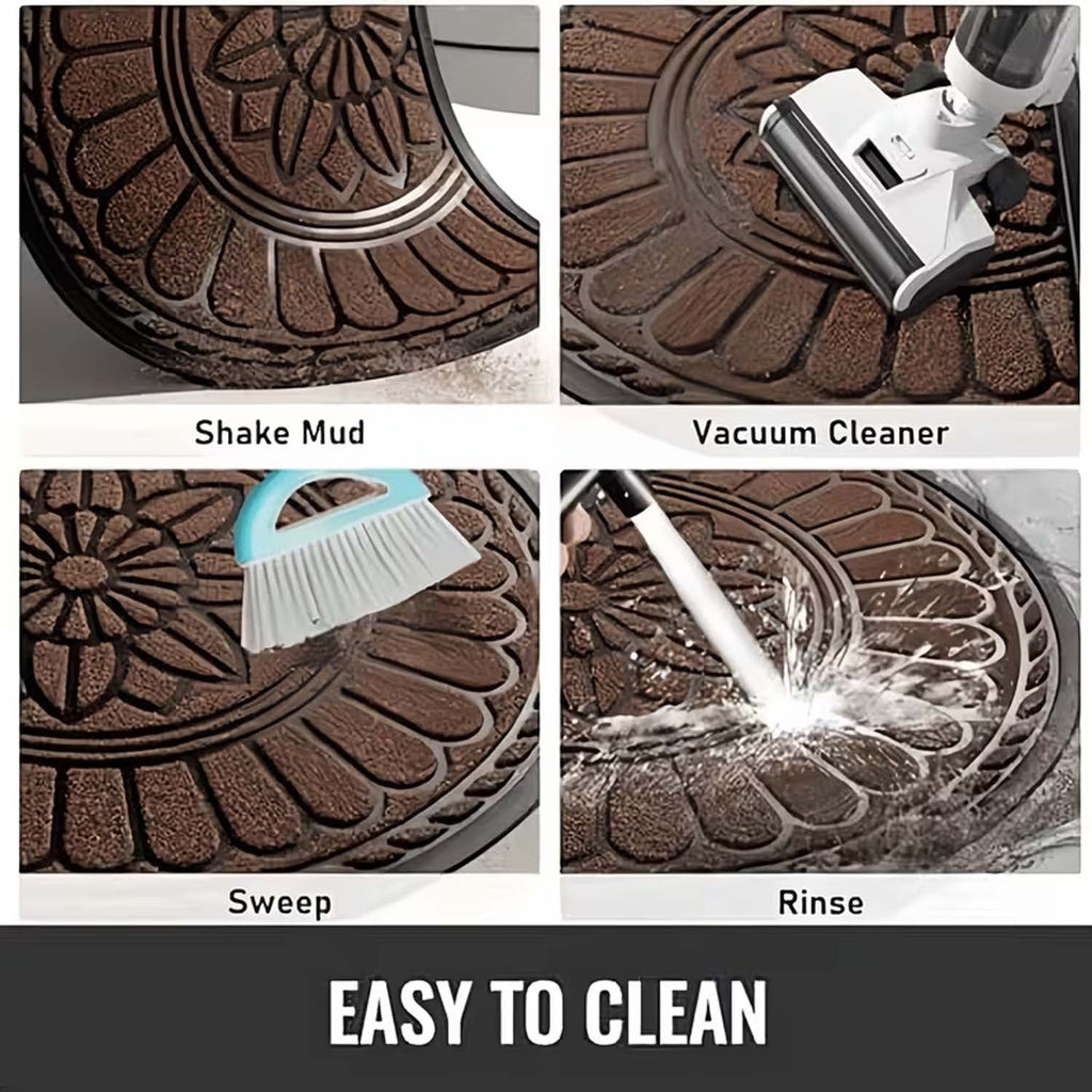 GoHooked Imperial Lotus brown rubber half circle door mat showing easy cleaning methods like shaking, vacuuming, and rinsing.