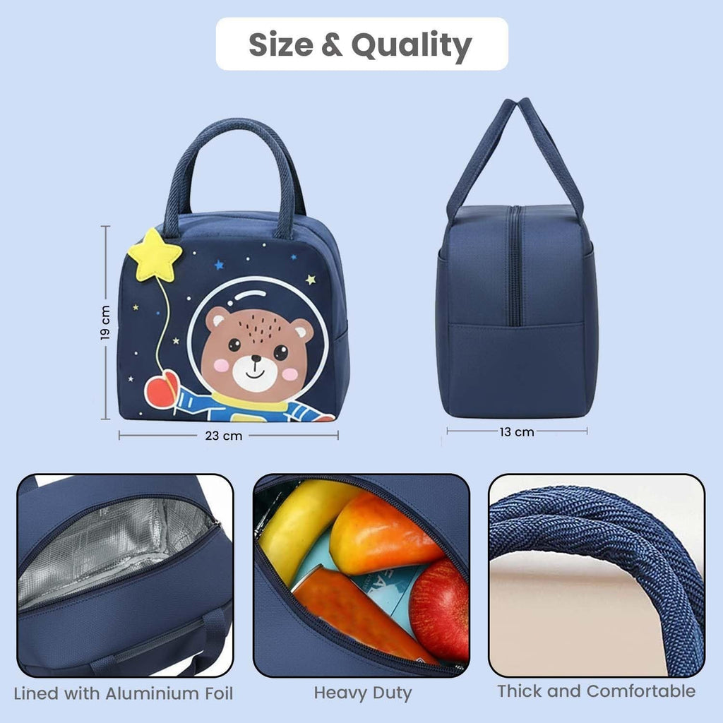 Go Hooked navy blue insulated lunch bag with astronaut bear design, aluminum foil lining, and thick handles.